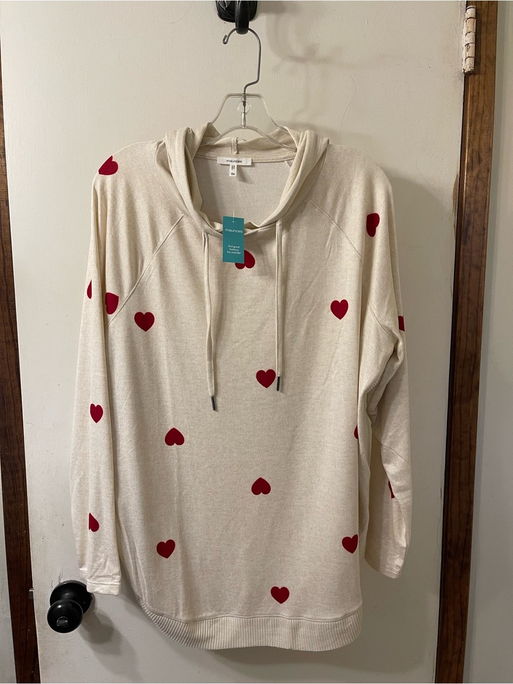 Maurices Cream Hoodie Sweater with Red Heart Print NWT Sz. OS #7